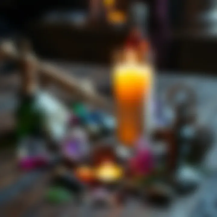 A candle surrounded by various spell casting tools like crystals and herbs on a wooden table