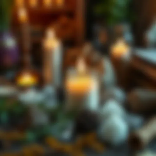 A beginner witch's workspace with a common candle surrounded by herbs and crystals, representing non-traditional spellwork.
