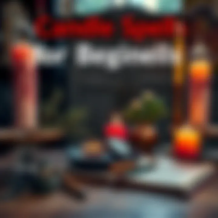 A beginner's setup for candle spells with colorful candles, herbs, and a journal.