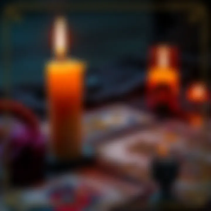 A candle lit beside a tarot card spread, symbolizing connection and guidance with Asmodeus.