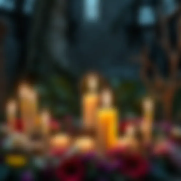 Candlelit Beltane Celebration A peaceful scene of candles lit in a circle with flowers around them, symbolizing the Beltane festival and connection to nature.
