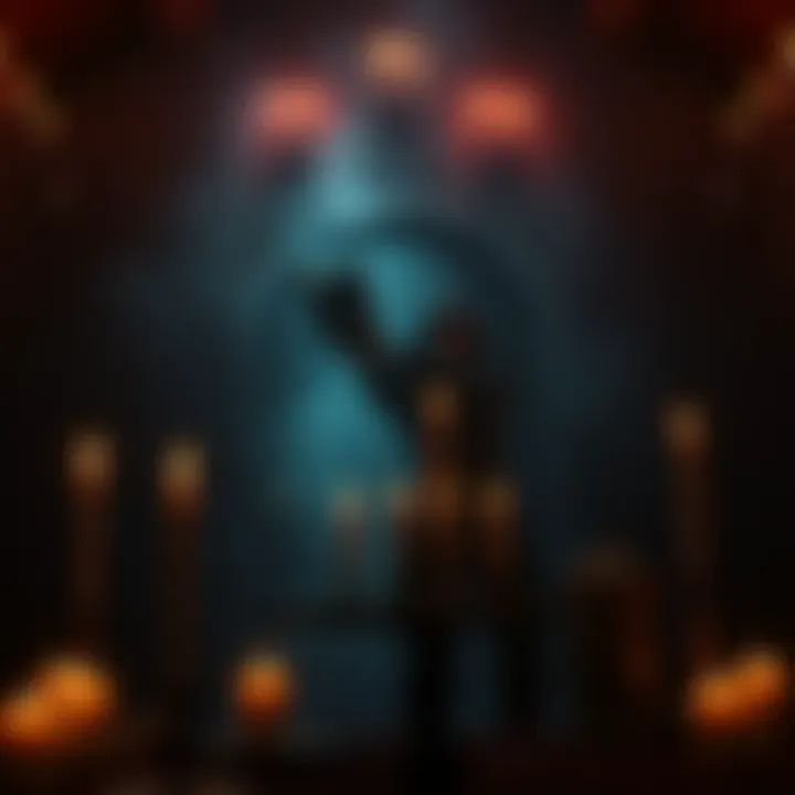 A dark room with flickering candles and a mysterious figure holding an old book, creating an eerie atmosphere.