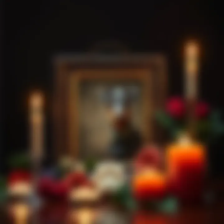 A candlelit tribute with a framed photo of a Doberman, surrounded by flowers and a paw print, honoring the memory of a pet