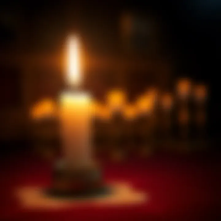 A white candle burning in a dimly lit room, symbolizing a love road opening ritual, with melted wax pooling around its base.