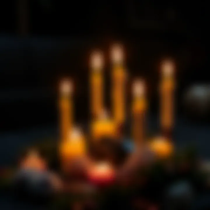 Several candles burning in a dark room, surrounded by herbs and crystals for spell work.
