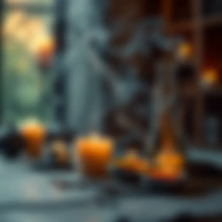 A peaceful setting with lit candles and incense sticks emitting gentle smoke, creating a calm atmosphere