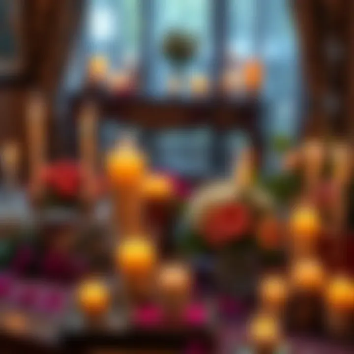 A table set with candles, flowers, and offerings for Pomba Gira Maria Padilha, symbolizing a spiritual connection for love.