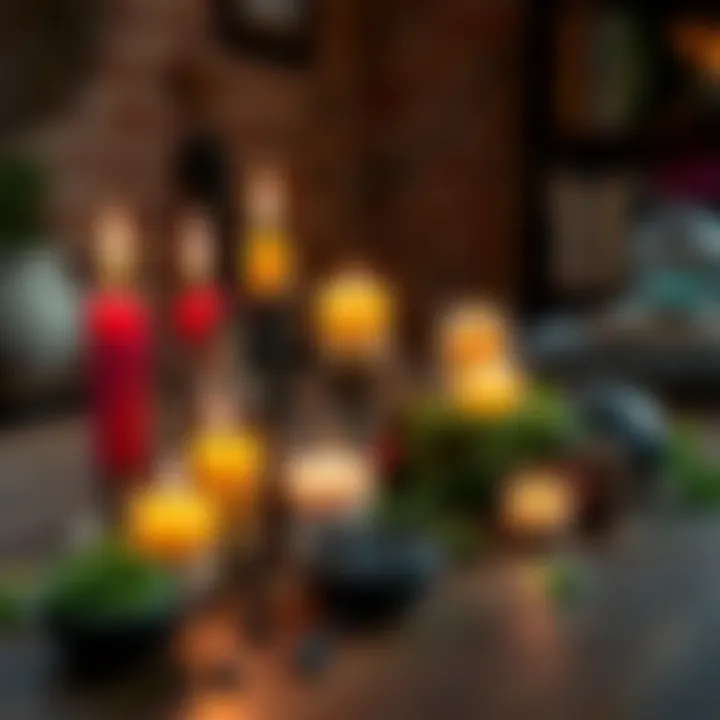 Candles and herbs on a table A selection of colorful candles and various herbs arranged on a wooden table, symbolizing witchcraft practices