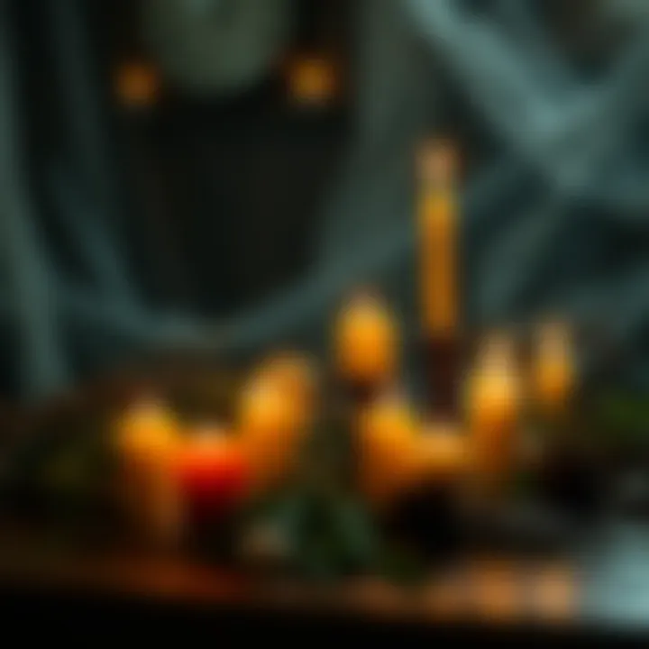 A table with candles and herbs set up for a ritual to reverse a binding spell