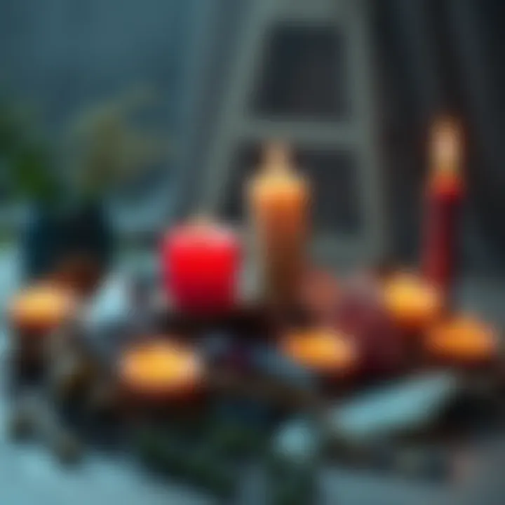 A display of candles, herbs, and crystals used in modern witchcraft practices, symbolizing the blend of miracles and magic.