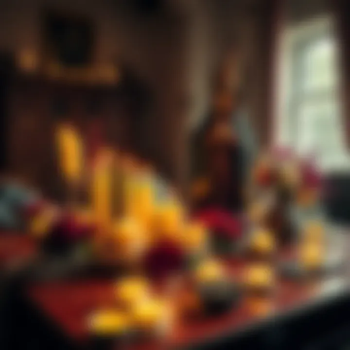 Candles and Offerings for Spell Work A table adorned with candles, flowers, and offerings representing Santa Muerte, illustrating a ritual for spell casting.