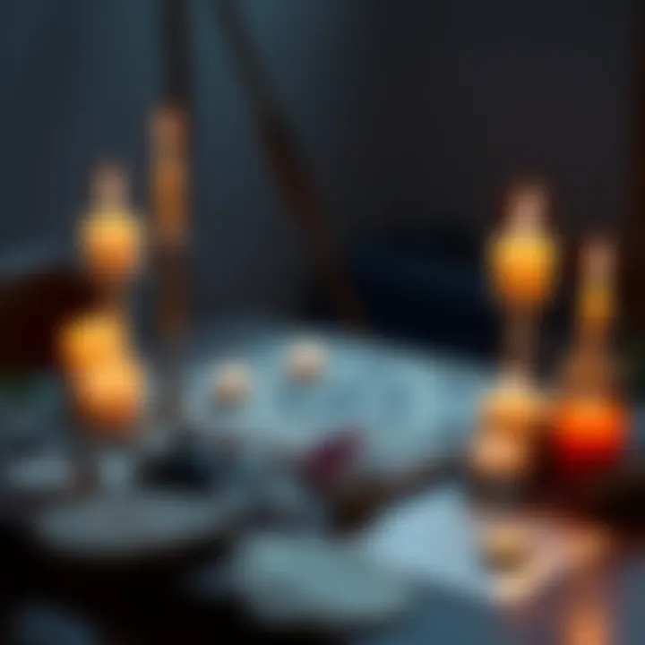 An array of candles, crystals, and a spirit board arranged on a table, symbolizing a connection to the spiritual realm.