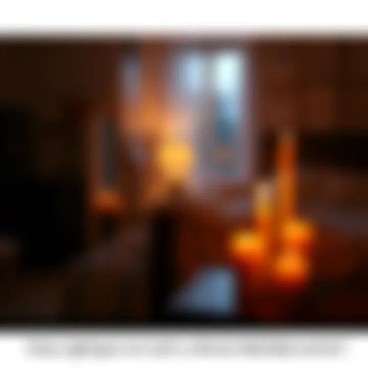 A dimly lit bedroom with candles lit on a nightstand, creating a warm glow