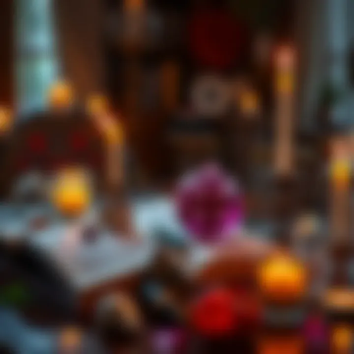 Candles and Crystals for Love Spells A table set with candles, crystals, and a love spell book, creating a romantic atmosphere for rituals.