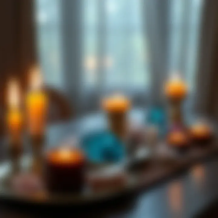 A setup of lit candles and various crystals on a table, representing the process of casting spells and waiting for results.