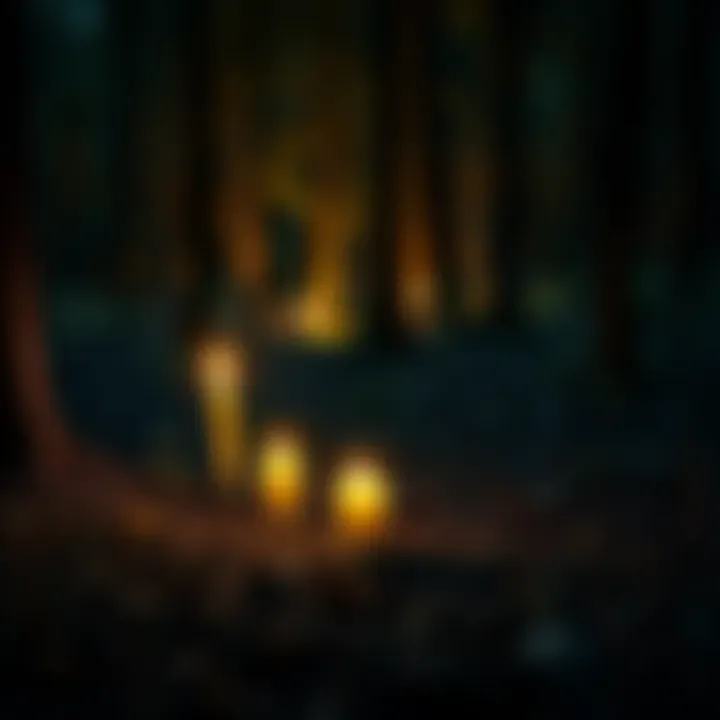 Two lit candles placed on the forest floor surrounded by trees and underbrush at night