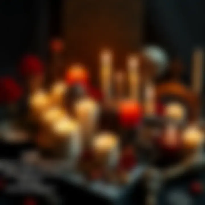 An arrangement of candles surrounded by various occult symbols and tools used in magical practices
