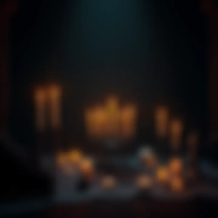 A dimly lit space with candles arranged around a small altar featuring ritual tools and symbols for closing a demon summoning ritual.