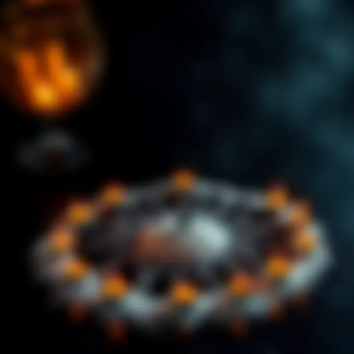 A circle made of candles and salt on a dark surface, with a small figure representing the spirit Nyx in the center