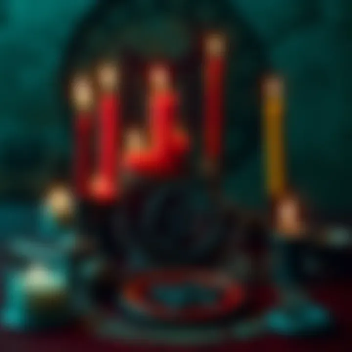 A collection of candles, runes, and a pentagram representing both Norse paganism and Satanism.