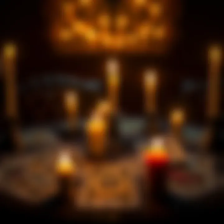 A table with flickering candles and spread tarot cards, representing belief in the occult
