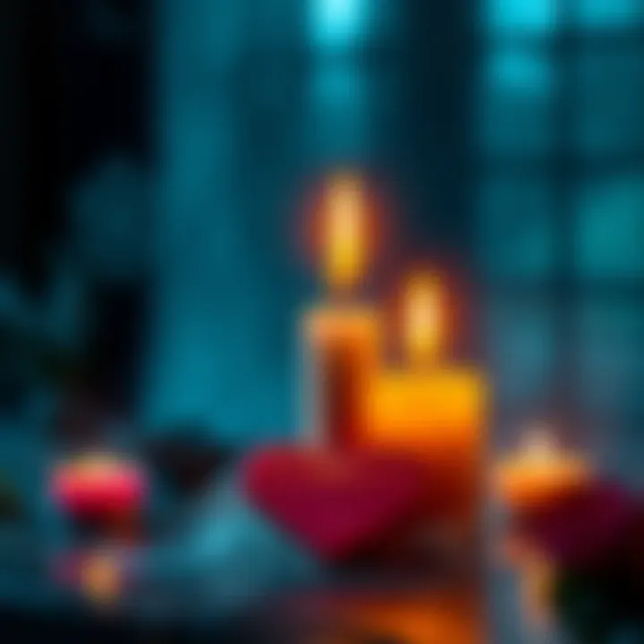 Two candles burning with aligned flames and heart-shaped wax on the table, creating a magical atmosphere.