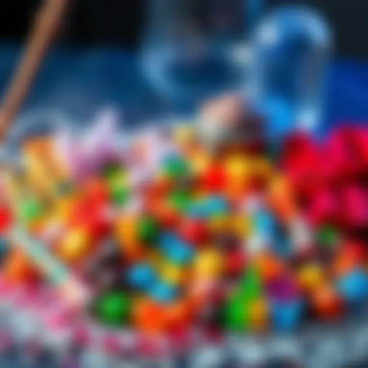 A colorful assortment of candy arranged with magical items like a wand and crystals