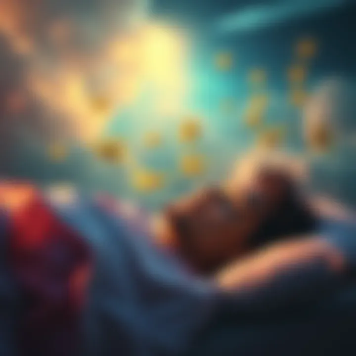 A peaceful scene of a person sleeping with dream-like clouds above, featuring cannabis leaves floating in the air.