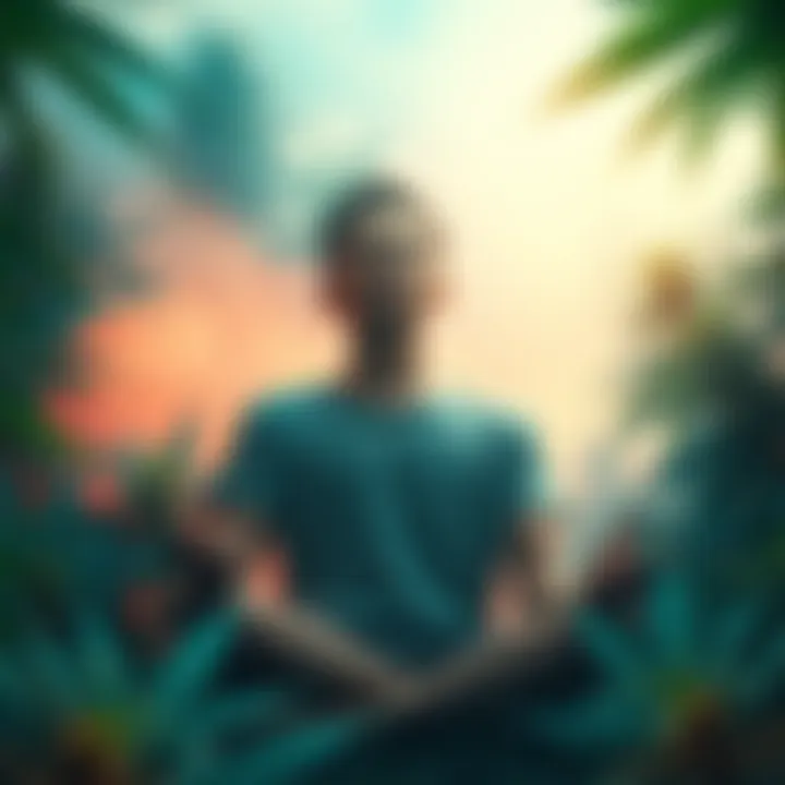 A person meditating surrounded by cannabis leaves, showing a dreamlike atmosphere with soft colors and light.