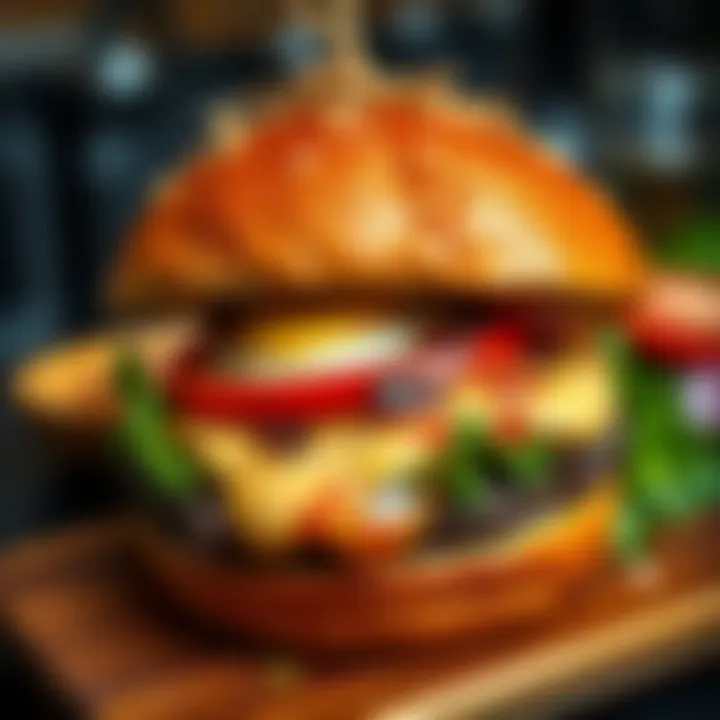 A close-up of a gourmet burger topped with unique ingredients, showcasing bold flavors and eye-catching presentation, served on a wooden cutting board.