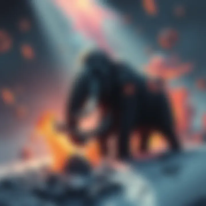 A surreal scene depicting a mammoth in a dreamlike setting, surrounded by vivid colors and abstract shapes, illustrating the theme of cannibalism.