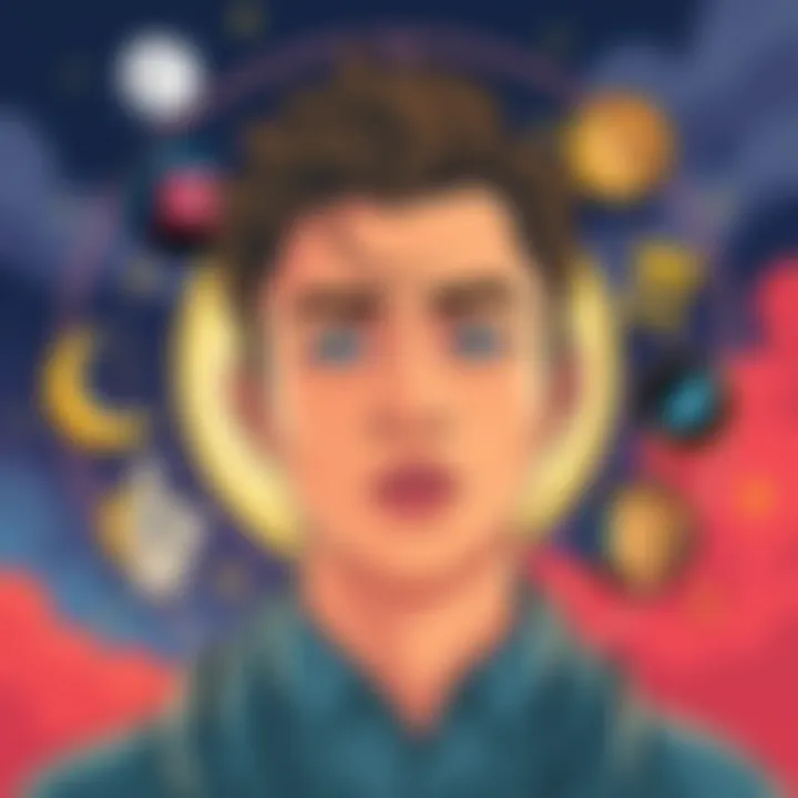 Illustration showing a person with thoughtful expression, surrounded by symbols representing characteristics like ambition, responsibility, and emotional depth, highlighting Cap Moon traits.