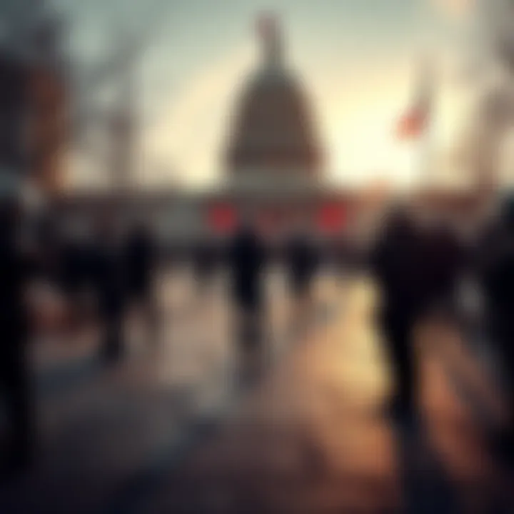 A chaotic scene outside the Capitol building during the January 6 riot, with police and protesters visible
