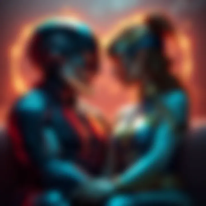 Cap Man and Cap Woman sitting together in a cozy heart-shaped setting, looking into each other's eyes with expressions of hope and affection.