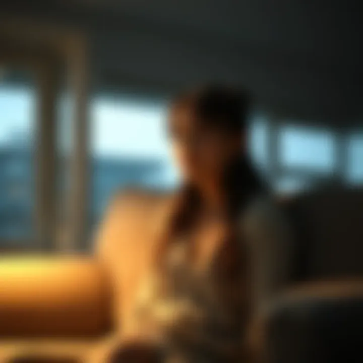 A Capricorn girlfriend appears detached while sitting alone on a couch, reflecting feelings of coldness in a relationship. Her expression shows contemplation, suggesting struggles with showing affection.