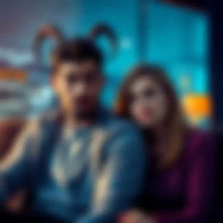 A Capricorn man showing signs of jealousy while sitting next to a woman who looks concerned.