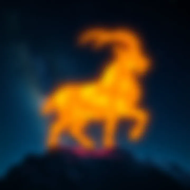 A representation of the Capricorn zodiac sign with a mountain goat symbol illuminated against a starry night sky.