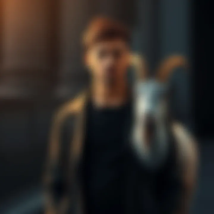 A person with a calm expression, standing confidently with a goat symbol nearby, representing Capricorn ascendant traits like leadership and composure.