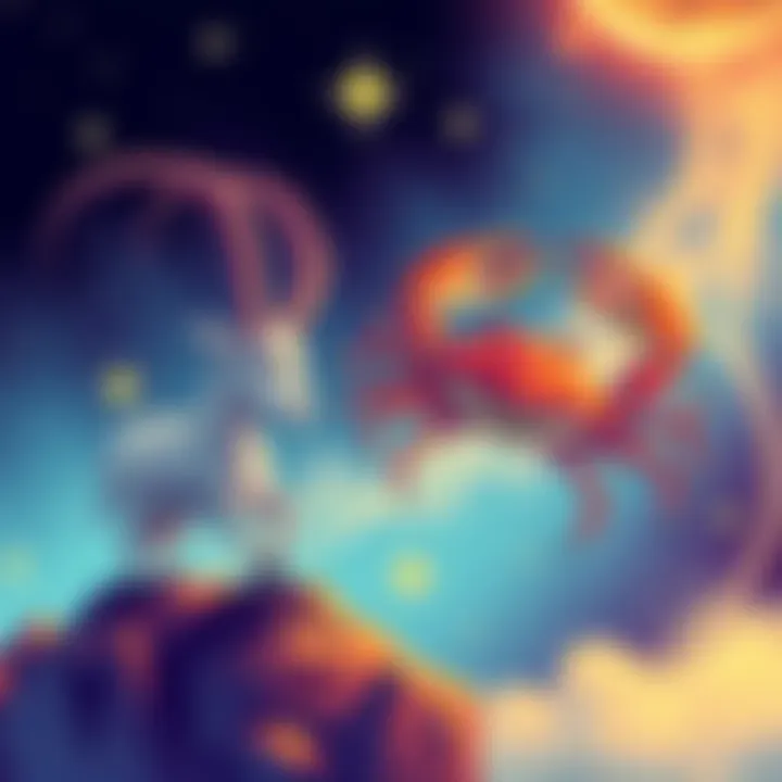 Illustration of the Capricorn and Cancer zodiac signs representing their relationship, with Capricorn as a goat and Cancer as a crab, set against a starry background.