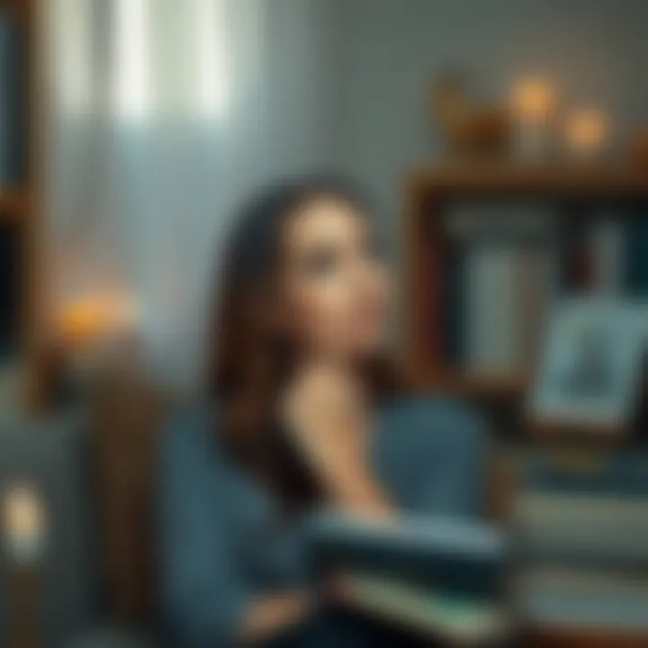 A woman with a thoughtful expression, sitting in a cozy room surrounded by books and candles, reflecting on her Capricorn traits and emotional challenges from her Cancer rising.