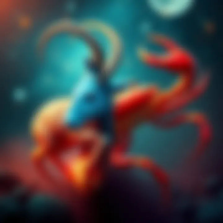 A visual representation of Capricorn and Cancer zodiac signs, showing them side by side with symbols and colors that represent their traits. Capricorn is depicted as a mountain goat and Cancer as a crab, conveying their unique qualities.