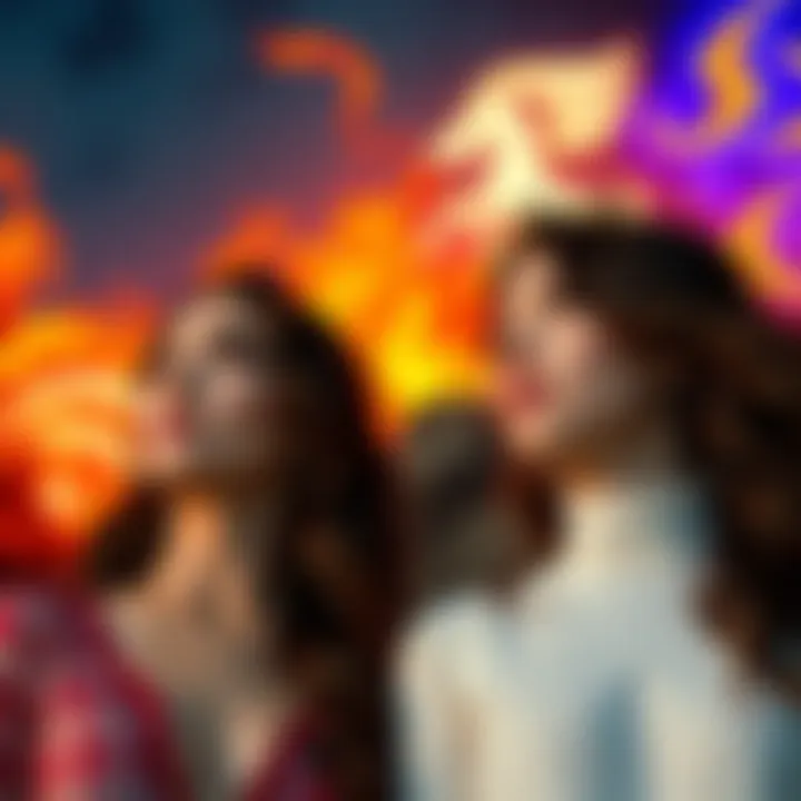 Two women contemplating their choices between a Fire sign man and an Air sign man, with symbols representing each sign in the background