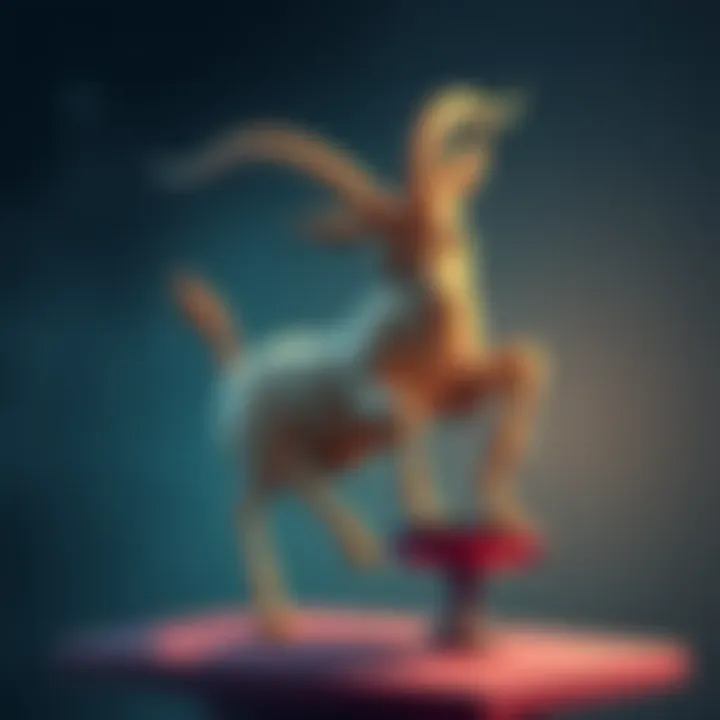 An illustration of the Capricorn zodiac symbol with a character tripping while trying to balance scales, representing clumsiness linked to Capricorn traits.