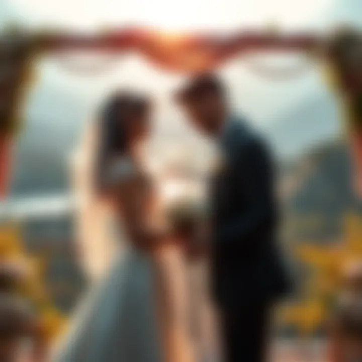 A couple in formal wedding attire exchanging vows with a beautiful backdrop, symbolizing commitment and stability in marriage.