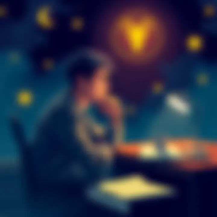 A person sitting at a desk looking thoughtful while daydreaming, with Capricorn symbols and stars in the background.