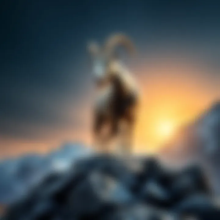 Capricorn Goat Symbol A Capricorn goat standing on a rocky mountain, representing determination and strength, with stars in the background symbolizing emotional depth.