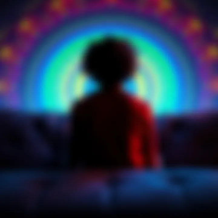 A person sitting alone on a couch, looking thoughtful and sad after a breakup, with a psychedelic rainbow pattern in the background symbolizing emotional healing.
