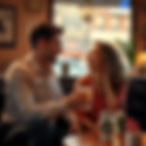 A Capricorn man and a Leo woman sitting close, sharing a laugh in a cozy cafe, illustrating their strong bond and chemistry.