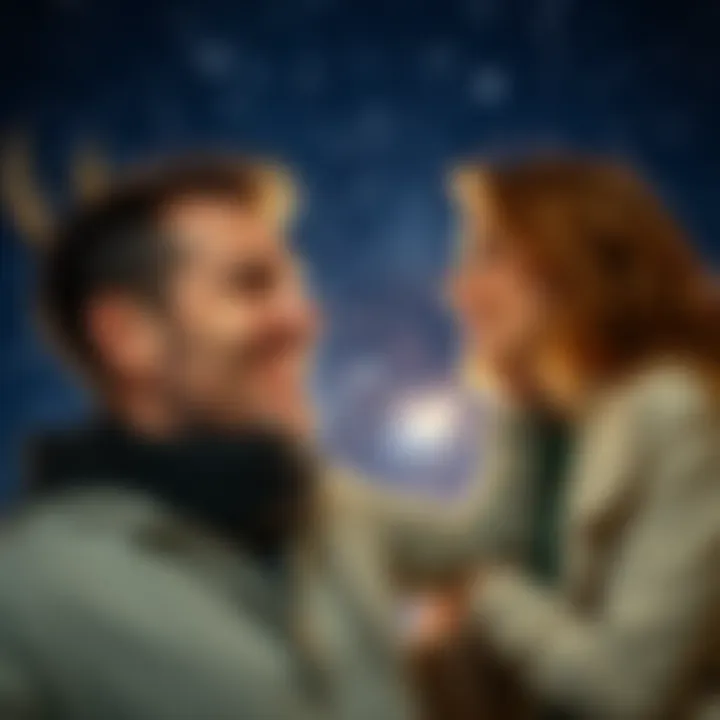 A Capricorn man and a Leo woman smiling and interacting joyfully under a starry sky, representing their emotional bond.