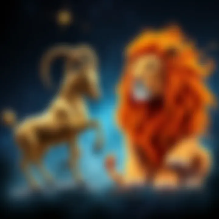 A visual representation of the Capricorn and Leo zodiac signs, with stars and celestial elements in the background, showcasing their astrological connection.